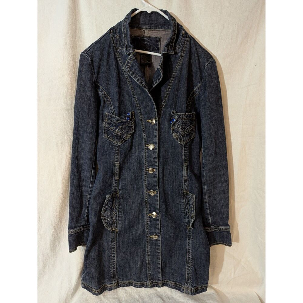 Jou Jou Denim Trench Coat Dress Longline Jean Jacket Women’s L Y2K Goth Western